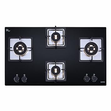 Elica Hob 4 Burner Auto Ignition Glass Top with Direct Flame Full Brass Burners - 2 Small and 2 Medium Gas Stove (IND FLEXI FB 491 DX DFS)