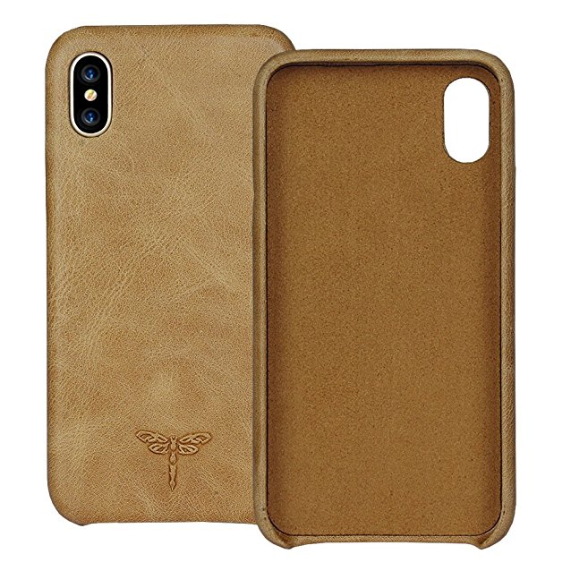 iPhone X Case iPhone 10 Case Genuine Leather Hard Back Case FRIFUN Thin Fit Snap Case Excellent Grip for Apple 5.8" iPhone X /iPhone 10 (2017) - Khaki