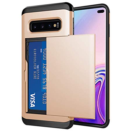 Samsung Galaxy S10 Plus Case, Wallet Credit Card ID Slot Holder Dual Layer Hidden Pocket Sliding Cover Soft TPU Hard PC Hybrid Shockproof Protective Case (Gold)