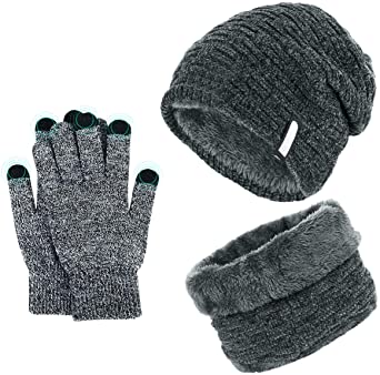 Hat and Circle Scarf Set, TedGem Winter Beanie Hat Scarf Set, Hat Scarf and Gloves Set, Soft to the Touch, Wool Lining, Skin-Friendly, for Winter Outdoor Sports, Unisex (Grey)(Size: One Size)