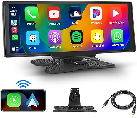 10.26 Inch Portable Wireless Apple CarPlay Screen Dash Mount 1080P Touch Screen Smart Car Stereo with Wireless Android Auto | FM Transmitter | Airplay | AUX Cable