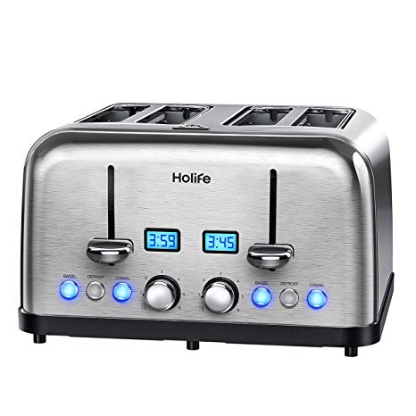 【Updated Version】4 Slice Toaster, HOLIFE Stainless Steel Toaster [2 LCD Timer Display] Bagel Toaster (6 Bread Shade Settings, Bagel/Defrost/Reheat/Cancel Function, Wide Slots, 1500W, Silver)