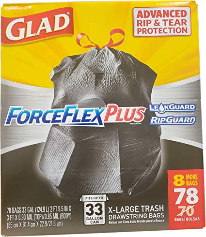 Glad Force Flex Drawstring Extra Large Black (33 Gallon / 78 Count), 78 Count