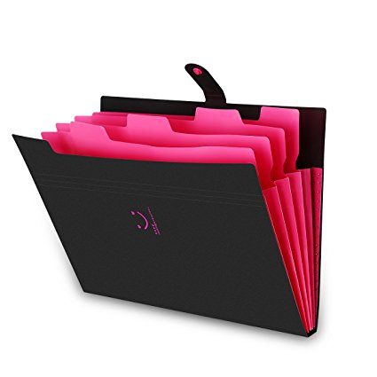 Expanding File Folder with Snap Closure, Yigou Letter A4 Paper Pockets Accordion File Folder Organizer 5 Pockets[Black & Hotpink]