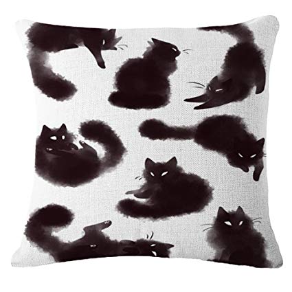 LYN Cotton Linen Square Throw Pillow Case Decorative Cushion Cover Pillowcase for Sofa 18"X 18" Black and White cat (7)