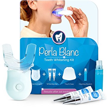 NEW Perla Blanc Teeth Whitening Kit, LED Light, 35% Carbamide Peroxide, (2) 5ml Gel Tubes, Tray and Case