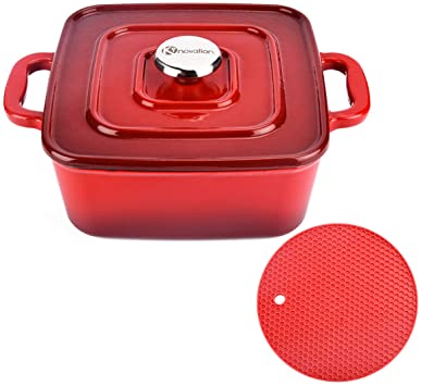 Kinovation Dutch Oven, 3 Quart Enamel Coated Cast Iron Square Cookware Pot with Lid & Silicone Mat for Induction, Gas, Ceramic Glass, Electric Stovetop