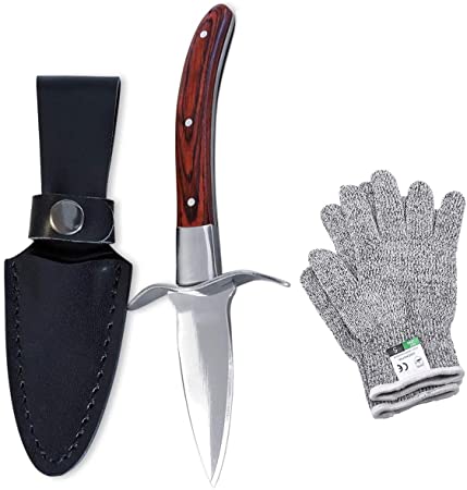 Oyster Knife with Cut-Resistant Gloves Set, Stainless Steel Oyster Shucker Set with Wooden Non-Slip Handle and Leather Shealth