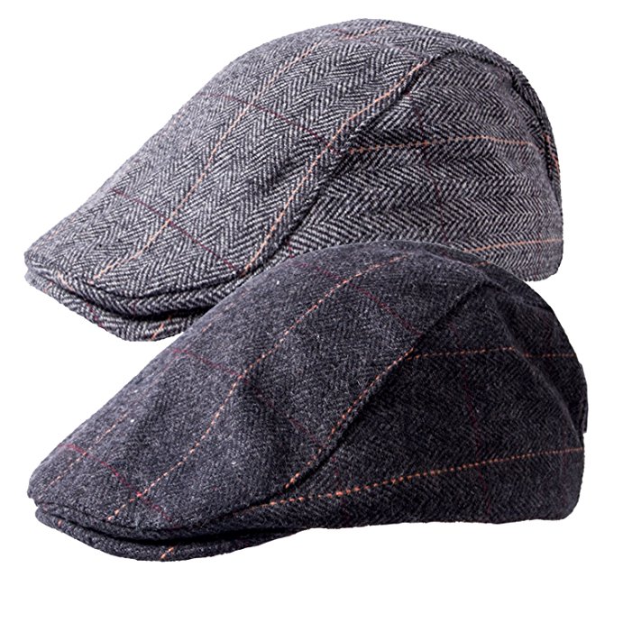 2 Pack of Men's Classic Herringbone Tweed Wool Blend Newsboy Ivy Cabbie Driving duckbill Hat