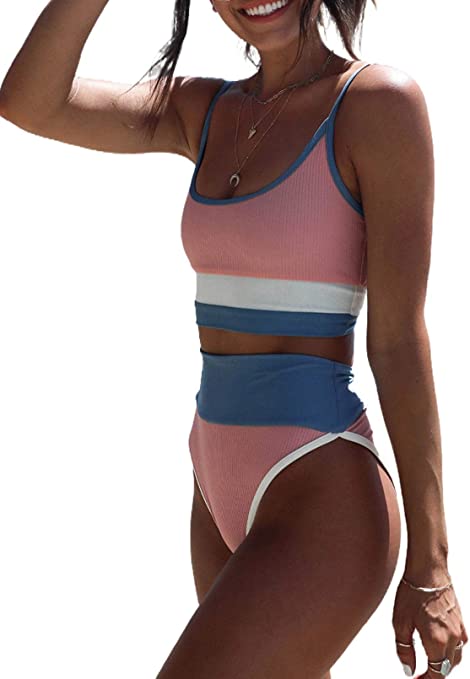 Dokotoo Womens Cute Color Block Ribbed High Waisted Two Piece Bikini Swimsuits