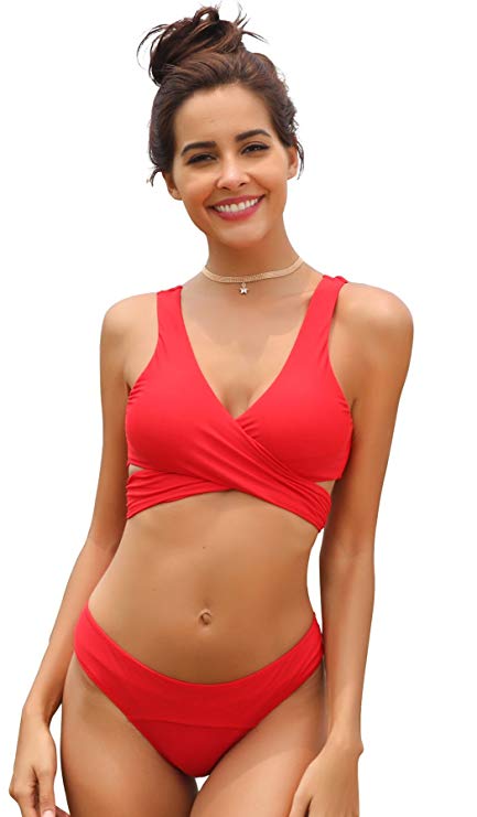 SHEKINI Women's Criss Cross Bikini Push-up Halter Bandage Swimsuits Wrap Suits