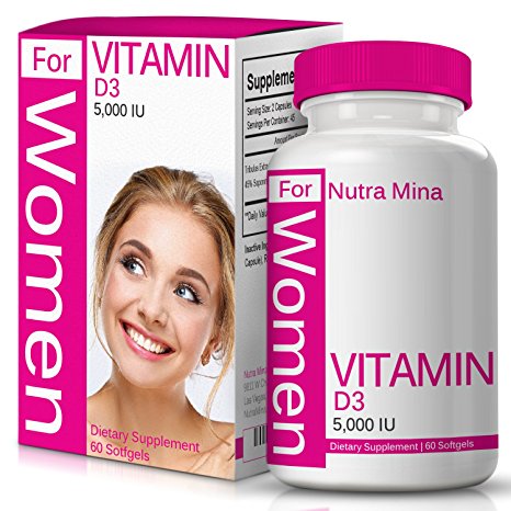 Vitamin D3 5000 IU for WOMEN with Cholecalciferol that Supports Proper Calcium Absorption to Maintain Strong Bones, Teeth, Muscles and Immune System, Made In USA by Nutra Mina - 60 Softgels