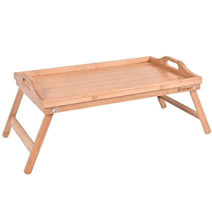 Costway Bamboo Laptop Desk Table Portable Breakfast Serving Bed Tray Folding Leg With Handle