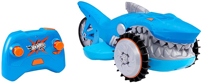 Hot Wheels R/C Supercharged Shark Vehicle, Radio-Controlled Shark That Races on Land & Water, R/C Chomping Mechanism, Dynamic Steering, for Kids 5 Years Old & Older