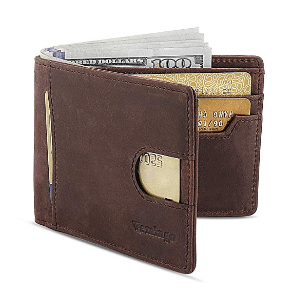 Vemingo Wallets for Men Genuine Leather Wallet Bifold Slim Front Pocket Wallet with ID Window and RFID Blocking