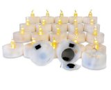 GetCandLED - 24 Flickering LED Tea Light Candles - White with Clear Flame and Yellow Light - Battery Powered Flameless Safe for Children Pets and Furnishings - Perfect for Parties Holiday Decorations Restaurant and Banquet Tables and Weddings - 1 Year Guarantee