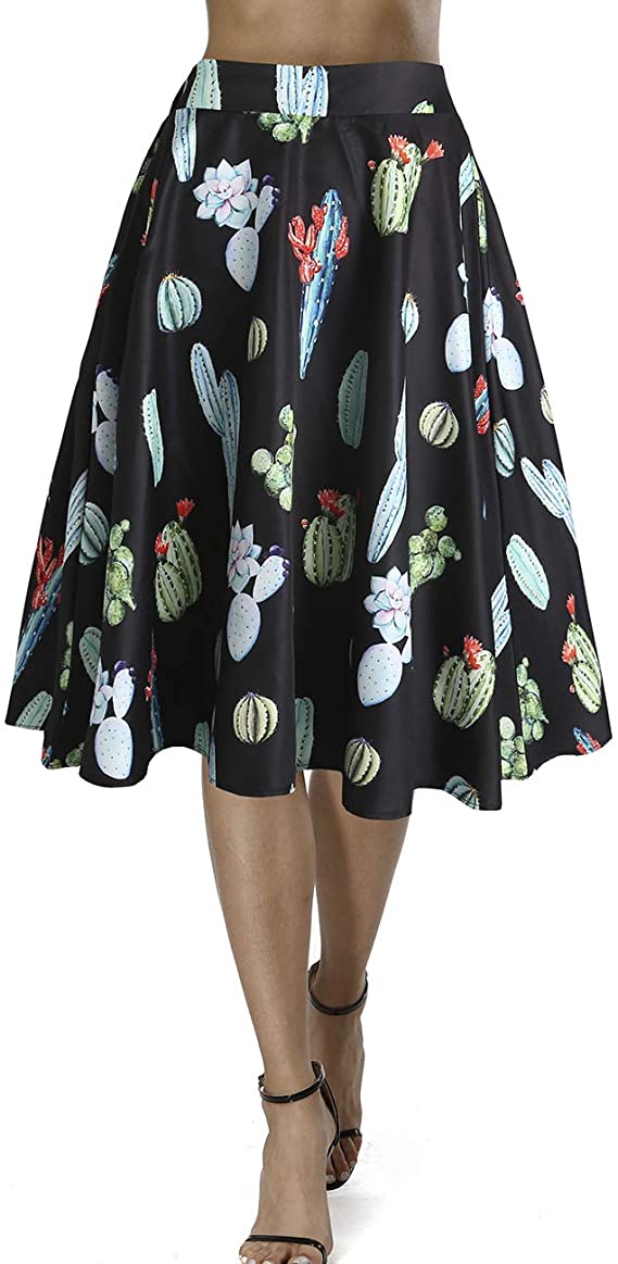Fancyqube Women's Vintage Pleated A-line Floral Avocado Unicorn Sloth Midi Skirt