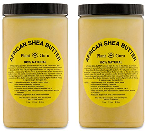 Plant Guru African Shea Butter 32 oz. (2 Pack) Raw Unrefined Grade A 100% Pure Natural Gold/Yellow Body Butters, Lotion, Cream, lip Balm & Soap Making Supplies, Eczema & Psoriasis Aid, Stretch Marks