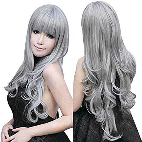 Anogol Vocaloid 80cm Long Grey Wavy Hair Wigs Gray Lolita Cosplay Wig