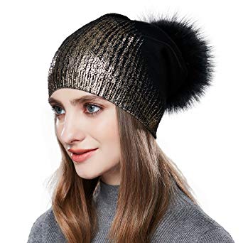 Womens Winter Fur Pompom Beanie Wool Knitted Warm Lined Hat Ski Skull Caps Sparkle Shiny
