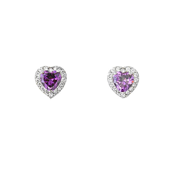 Girls 14k Gold Simulated Birthstone and CZ Heart Halo Stud Earrings