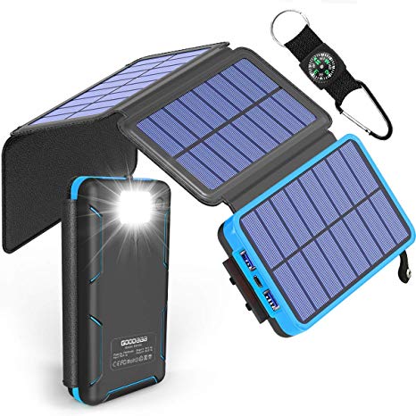 Solar Power Bank 25000mAh High Capacity USB External Battery Pack Backup Battery Power Pack with 4 Foldable Solar Charging Panels, Dual 2.1A Output Ports, Flashlight for iPhone Android Cellphones