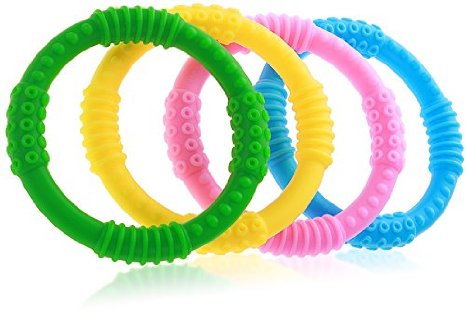 Best Baby Teether - 4 Silicone Sensory Teething Ring Toys - Fun Colorful and BPA-Free - Soothing Pain Relief and Drool Proof Infant Toys - Solve Teething Now