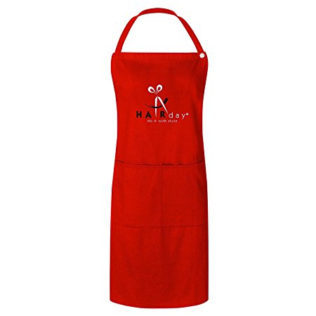 HairDay Care Professional Bib Apron - 100% Cotton Bib Apron for Women & Men - Machine Washable Hair Stylist Apron/Chef Apron with 3 Pockets, Adjustable Waist Tie - 28” x 32”, Universal Fit - Red