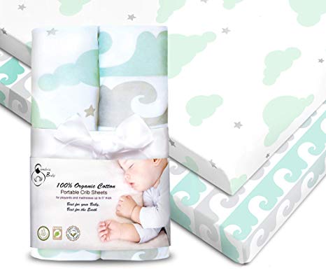 2 Pack 100% Organic Cotton Fitted Sheets for Pack 'n Play and Other Portable/Mini Cribs, Mint/Gray, Unisex for Boy or Girl, 2 Pack, Playard and Mattress