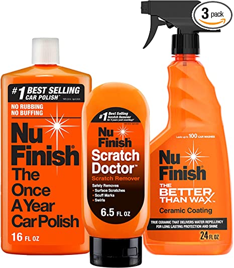 Nu Finish Car Detailing Kit with Scratch Doctor Car Scratch Remover, The Better Than Wax Ceramic Coating and Once A Year Car Polish, 3 Piece Kit