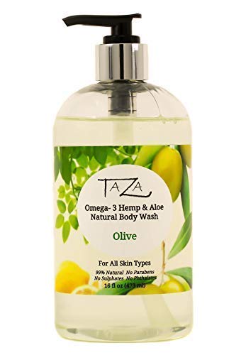Premium Taza Natural Omega-3 Hemp & Aloe Olive Body Wash, 16 fl oz (473 ml) ♦ Soft Smooth Skin ♦ Contains Omega-3 Hemp Seed Oil, Aloe Seed Juice, Chamomile Flower, White Willow Bark Extract, Glycerin