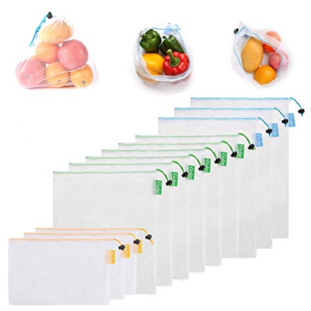 Reusable Bags/Produce Bags 12 Pack, Washable Eco Friendly Mesh Bags with Drawstrings and Tare Weight Tags, See-Through, Breathable，Shopping Storage of Fruit Vegetable, Groceries, Tools & Toys, Large, Medium, Small