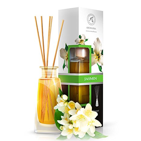 Jasmine Reed diffuser with Natural Essential Jasmine Oil, 100 ml - intensive - JASMINE diffuser - fresh and long lasting fragrance- Scented Reed Diffuser - 0% Alcohol - Diffuser Gift Set with 8 bamboo sticks is the best for Aromatherapy - SPA - Home - Kitchen - Bath - Office - Fitness club - Restaurant - Boutique - Great room air fresheners Glass bottle - JASMIN Reed diffuser from AROMATIKA