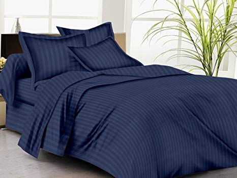 Trance Home Linen 100% Cotton 210 Tc King Fitted Bedsheet With 2 Pillow Covers (Navy Blue)