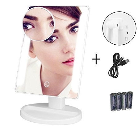 New version,Luckybird Countertop MakeUp Mirror with 36 Led Lights,with10x magnifying Spot Mirror,USB Powered Alternative Available with USB Cable （battery included） (White)