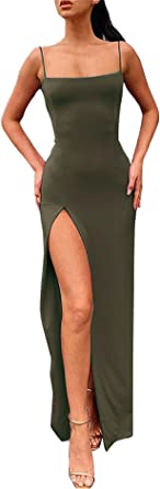 PRIMODA Women's Spaghetti Strap Backless Thigh-high Slit Bodycon Maxi Long Dress Club Party Dress