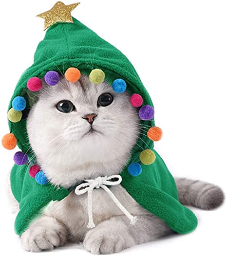 ANIAC Pet Christmas Costume Puppy Xmas Cloak with Star and Pompoms Cat Santa Cape with Santa Hat Party Cosplay Dress for Cats and Small to Medium Sized Dog