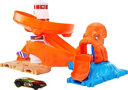 Hot Wheels Toy Car Track Set City Octopus Invasion Attack Playset, Octopus Launcher, 1:64 Scale Car