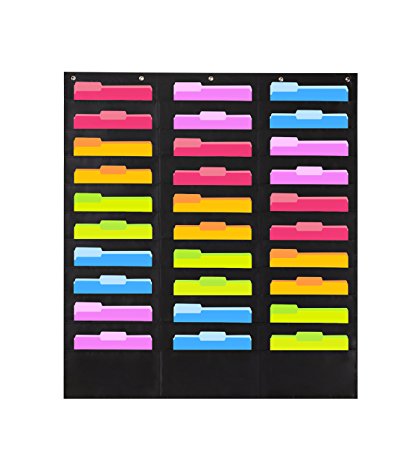 Heavy Duty Storage Pocket Chart with 30 Pockets, 5 Over Door Hangers included, Hanging Wall File Organizer by Hippo Creation - Organize Your Assignments, Files, Scrapbook Papers & More (Black)