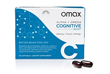 Omax3® Cognitive Boost Brain Health Supplement ✱Best to Improve Focus, Concentration, Memory, Energy, Mind, Mood✱ Alpha-GPC   Omega 3 DHA, Premium Brain Health Supplement, No Caffeine, 60 Softgels