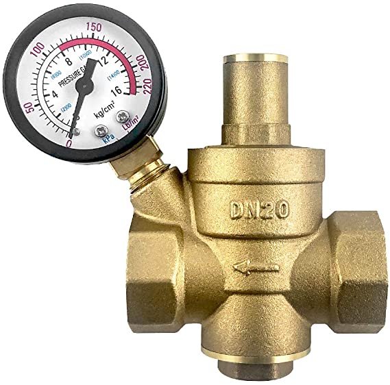 QWORK RV Water Pressure Regulator Brass - Adjustable Pressure Reducer Valve w Gauge 3/4", and Inlet Screened Filter