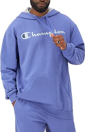 Champion Hoodie, Powerblend, Fleece Pullover, Comfortable Graphic Sweatshirt for Men (Reg. or Big, Stone Crush Blue Script, Large Tall