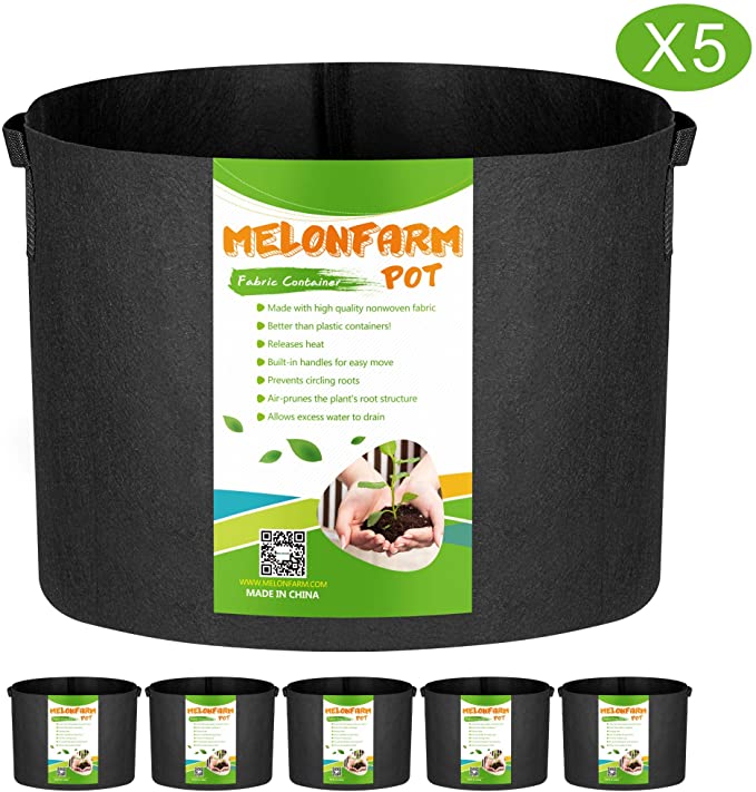 MELONFARM 5-Pack 10 Gallon Grow Bags Heavy Duty Aeration Fabric Pots,Thickened Non-Woven Plant Smart Pots with Durable Handles, for Plant Growing