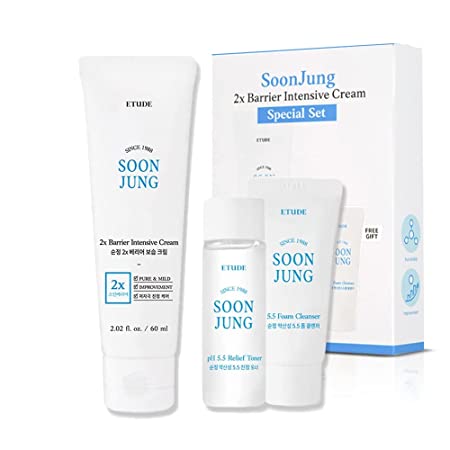 ETUDE Soonjung 2x Barrier Intense Cream Set | 2x Barrier Intensive Cream 2.02fl.oz   Ph 5.5 Relief Toner 0.85 Fl.oz.   Foam Cleanser 0.68 Fl.oz. | Oil And Water Balance Skin Care Moisturizing Cream