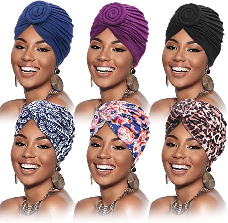 SATINIOR 6 Pieces Women African Turban Flower Knot Pre-Tied Bonnet Beanie Cap Headwrap