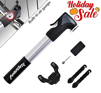 [Holiday Sale] Bike Pump by MadBite--120PSI Telescopic, Compact & Portable Bicycle Frame Pump--Easy-Read Gauge--BONUS 2 Tire Bars, 6-Piece Glueless Puncture Repair Kit, 1 Inflation Needle--Fits Presta and Schrader Air Valves--Lifetime Warranty