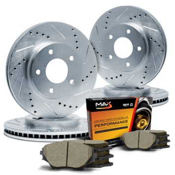 Max KT000113 Front  Rear Silver Slotted and Cross Drilled Rotors and Ceramic Pads Combo Brake Kit