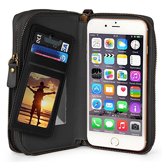 iPhone 6s Plus Wallet Case, TSCASE iPhone 7 Plus case [Card Slots] Zipper Cash Storage Premium Flip Leather Wallet Case with Hand Strap for iPhone 6/6s Plus & Phone Under 5.5 inch, Black