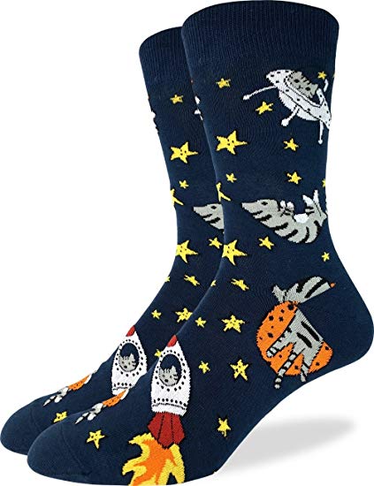 Good Luck Sock Men's Space Cat Crew Socks - Blue, Shoe Size 7-12