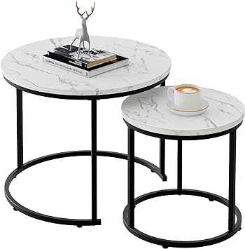 aboxoo Round Nesting Coffee Table Side Table Set of 2 End Tables for Living Room Bedroom Balcony,White Faux Marble Wooden Table 31IN Accent Large Coffee Table with Black Steel Frame